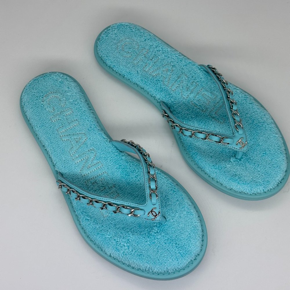 CHANEL 21S Leather Chain Terry Flip Flop Thong Flat Sandals Shoes - Picture 14 of 14